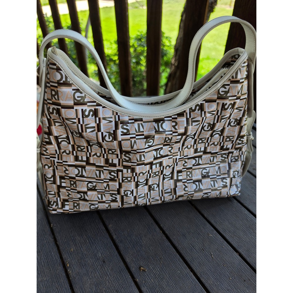 Salvatore Ferragamo Logo Print Canvas Hobo Bag White Leather Trim Shoulder Bag